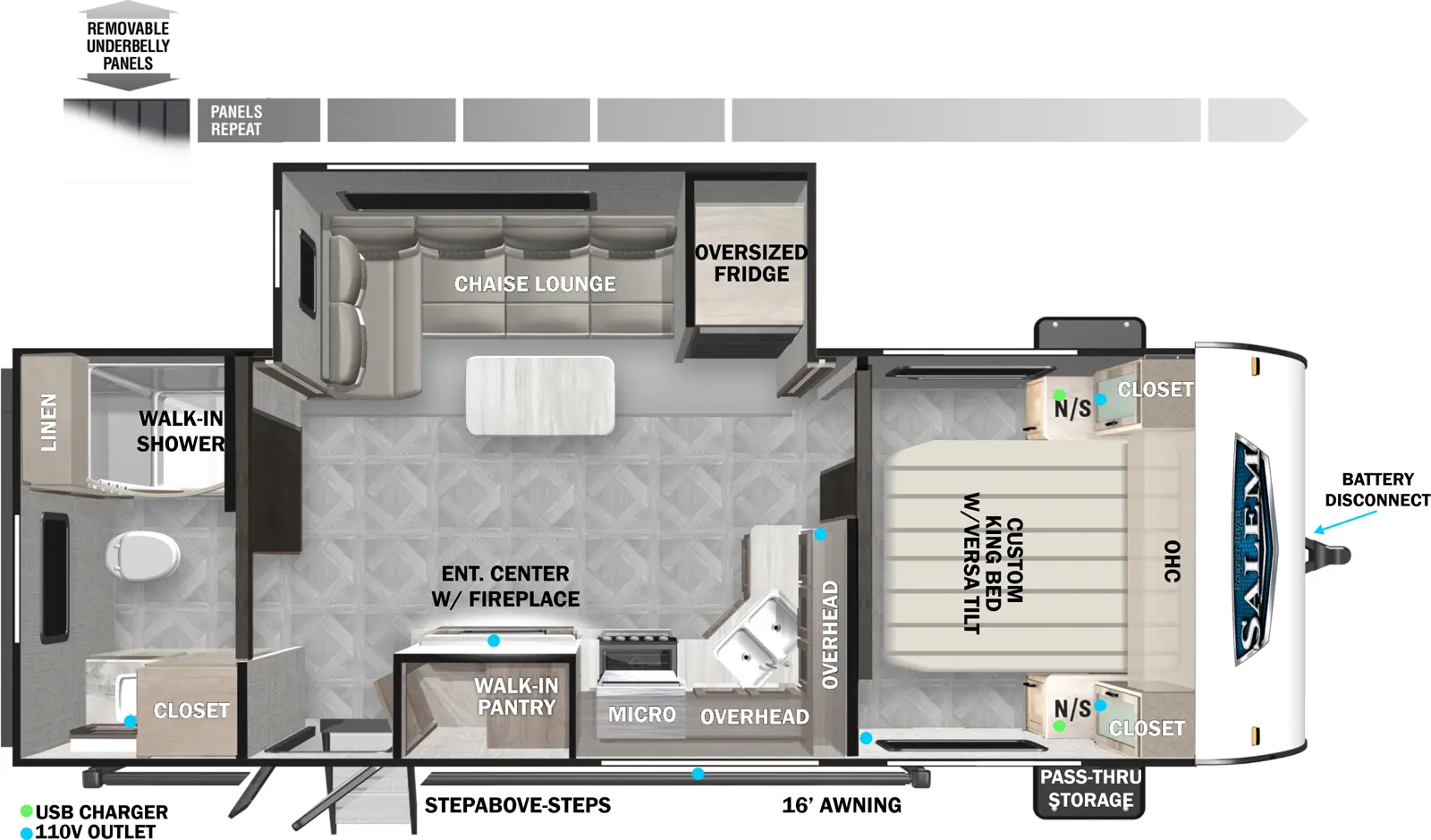 The 22RBS has one slideout and one entry. Exterior features include step above entry steps, 16 foot awning, front pass-thru storage, battery disconnect, and removable underbelly panels. Interior layout front to back: custom king bed with versa tilt, closets and night stands on each side, and an overhead cabinet; off-door side slideout with oversized refrigerator and chaise lounge with table; kitchen counter starts on inner wall and wraps to door side with sink, overhead cabinets, microwave, entertainment center with fireplace, walk-in pantry, and entry door; rear full bathroom with walk-in shower, linen cabinet, and closet.